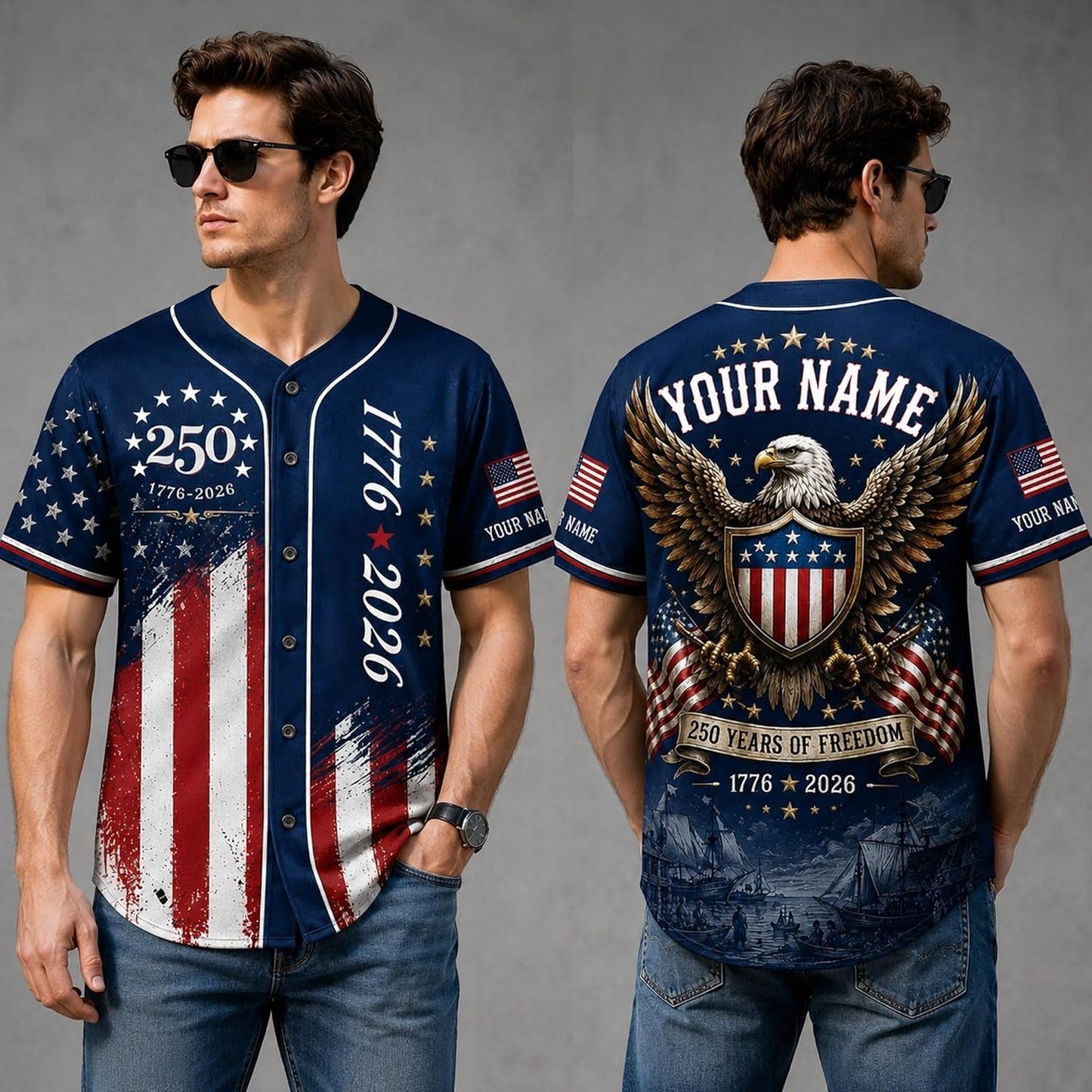 Custom Name 250th Anniversary Baseball Jersey Shirt, 250 Years of Freedom Button Down Jersey for Men Women Family