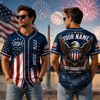 Custom Name 250th Anniversary Baseball Jersey Shirt, 250 Years of Freedom Button Down Jersey for Men Women Family