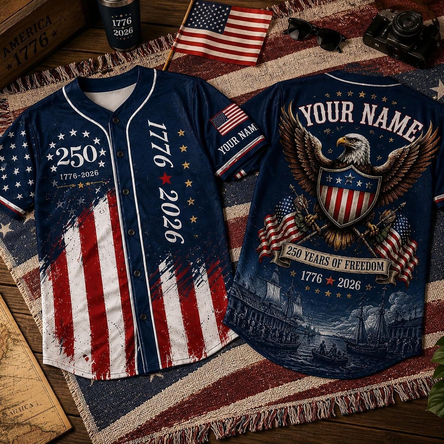 Custom Name 250th Anniversary Baseball Jersey Shirt, 250 Years of Freedom Button Down Jersey for Men Women Family