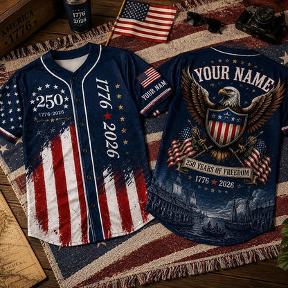 Custom Name 250th Anniversary Baseball Jersey Shirt, 250 Years of Freedom Button Down Jersey for Men Women Family