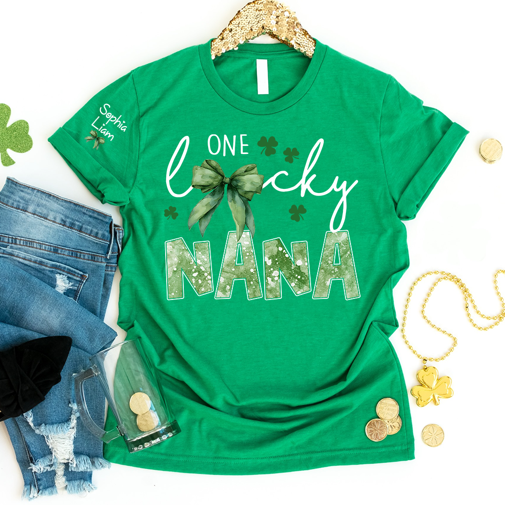 One Lucky Nana Shirt for St Patrick’s Day, Personalized Grandma Shamrock Clover T Shirt with Kids Names