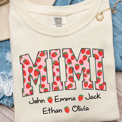 Comfort Colors® Personalized Mimi Strawberry Shirt, Custom Grandma Shirt with Grandkids Names, Cute Strawberry Graphic T-Shirt