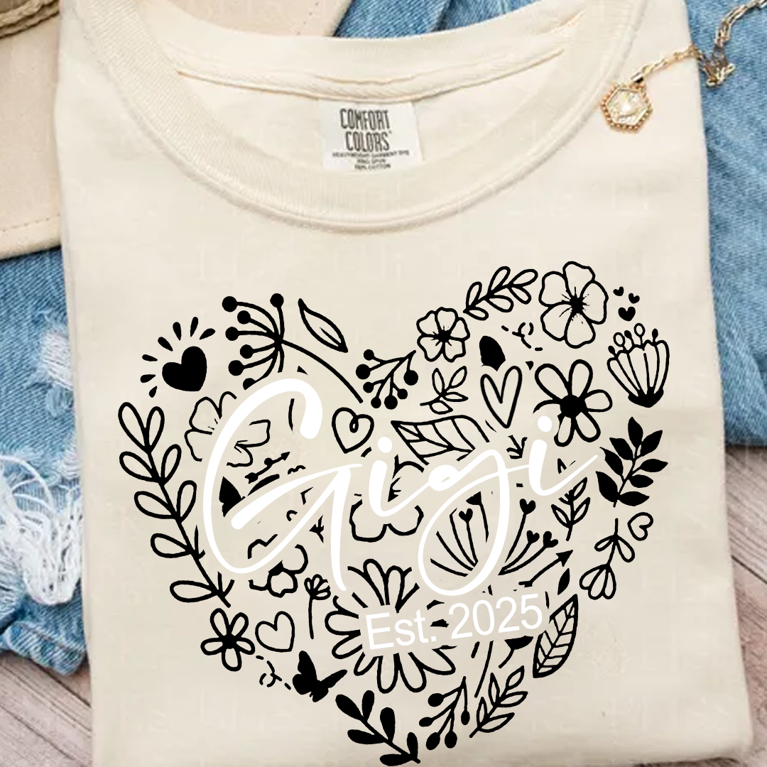 Comfort Colors® Gigi Est Flower Heart T-Shirt, Custom Grandma With Grandkids Shirt