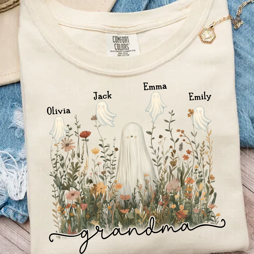 Comfort Colors® Grandma Cute Ghost in Wildflowers And Grandkids T-Shirt