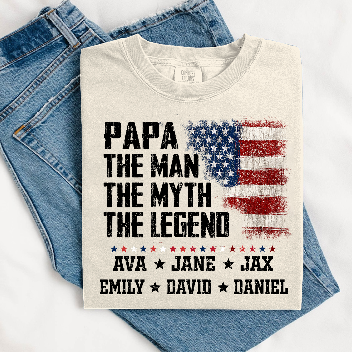Papa The Man The Myth The Legend Shirt - Custom Comfort Colors Tee with Grandkids Names - Father's Day Gift
