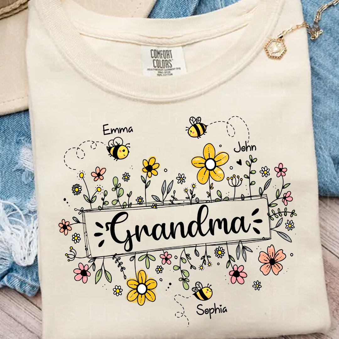 Personalized Grandma Flower Bee And Grandkids Custom Names Mother's Day Comfort Colors® T-Shirt