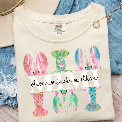 Comfort Colors Custom Mimi Lobster Shirt with Grandkids Names, Personalized Grandma Beach Summer T-Shirt Gift for Grandma