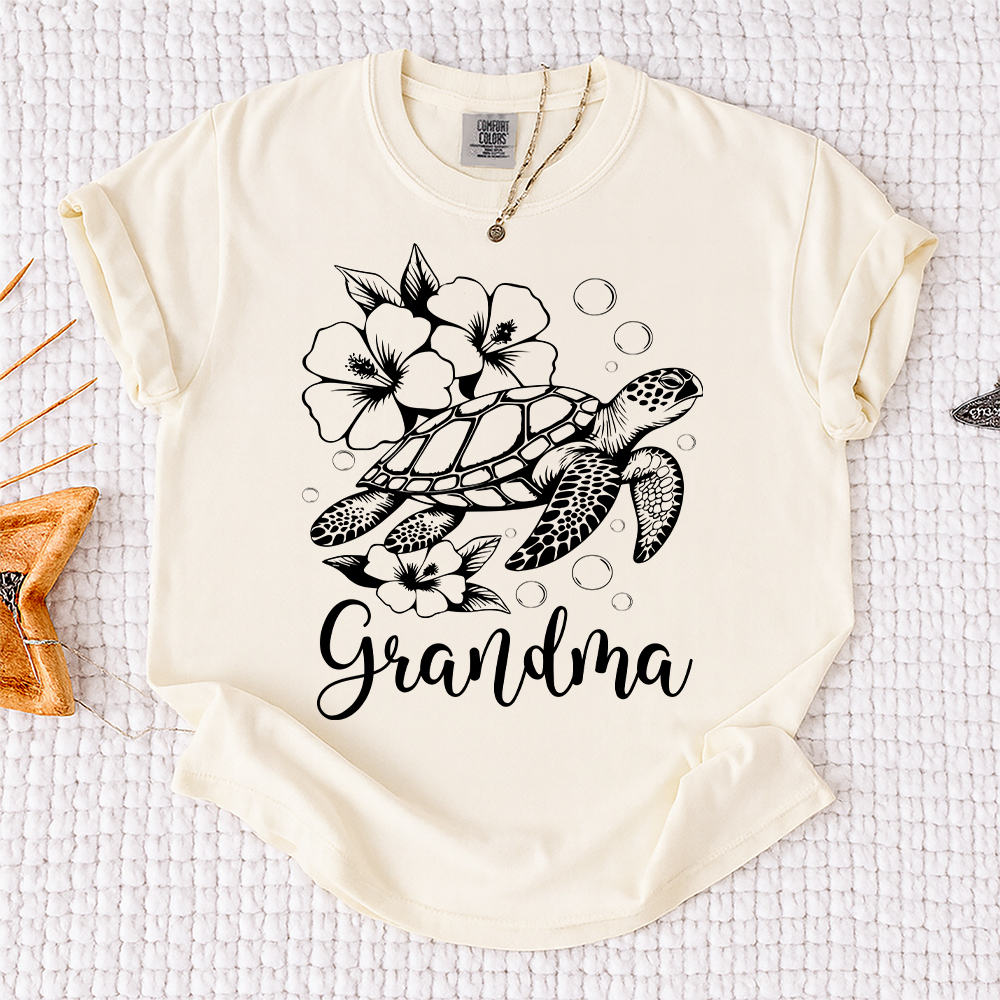 Comfort Colors® Personalized Mimi Hibiscus Sea Turtle Shirt, Cute Sumer , Custom Family Names Gift for Grandma