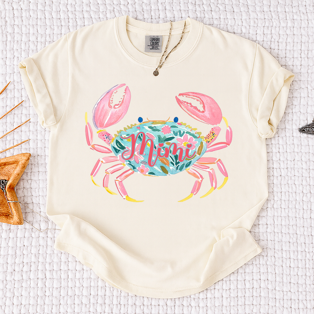 Comfort Colors® Personalized Mimi Crab Shirt, Custom Grandma Beach Shirt, Cute Floral Crab Summer Tee, Ocean Vacation Gift for Mimi Nana Gigi, Birthday Mothers Day Shirt