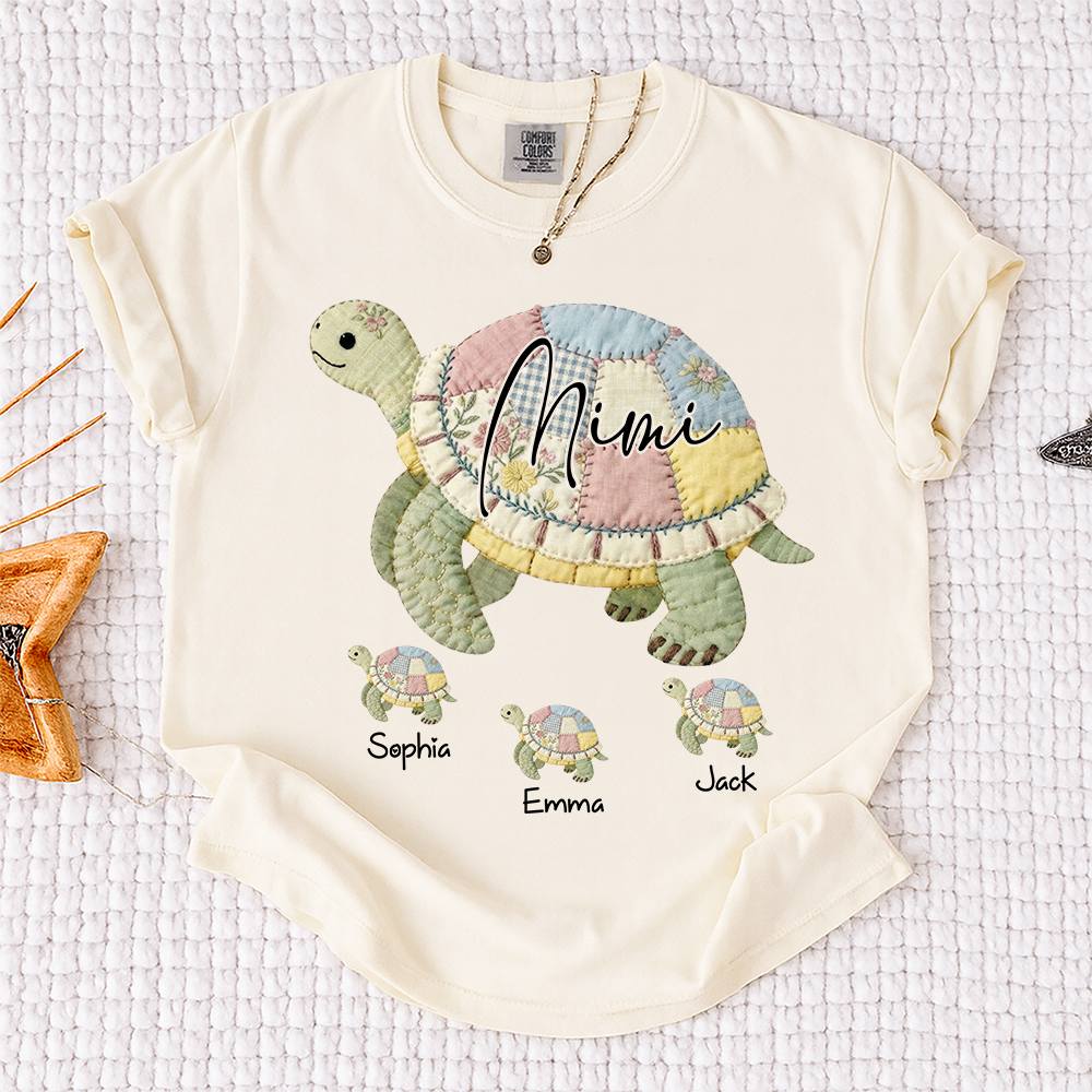 Comfort Colors® Personalized Mimi Patchwork Turtle, Custom Grandkids Names Shirt, Grandma Turtle Family Shirt, Birthday Gift for Mimi Nana Gigi, Mothers Day Shirt