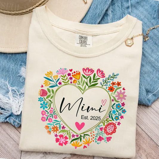 Comfort Colors® Mimi Heart Flower Est T-Shirt, Custom Grandma With Grandkids Shirt