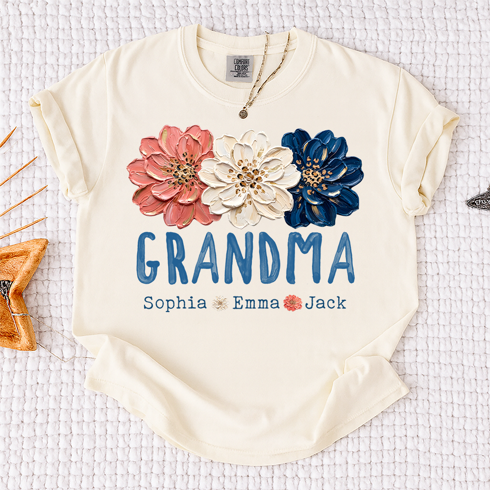 Comfort Colors® Patriotic Floral Grandma T-Shirt, Personalized Nana Mimi Mama Shirt with Kids Names, 4th of July Independence Day Gift