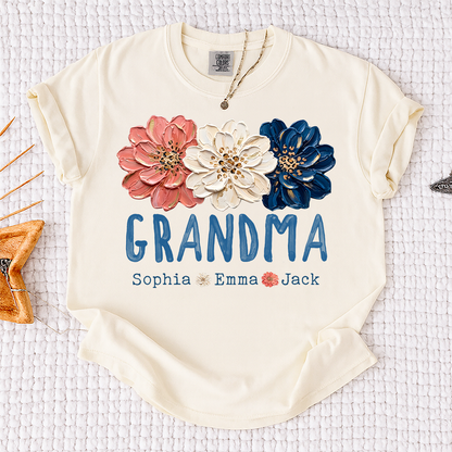 Comfort Colors® Patriotic Floral Grandma T-Shirt, Personalized Nana Mimi Mama Shirt with Kids Names, 4th of July Independence Day Gift