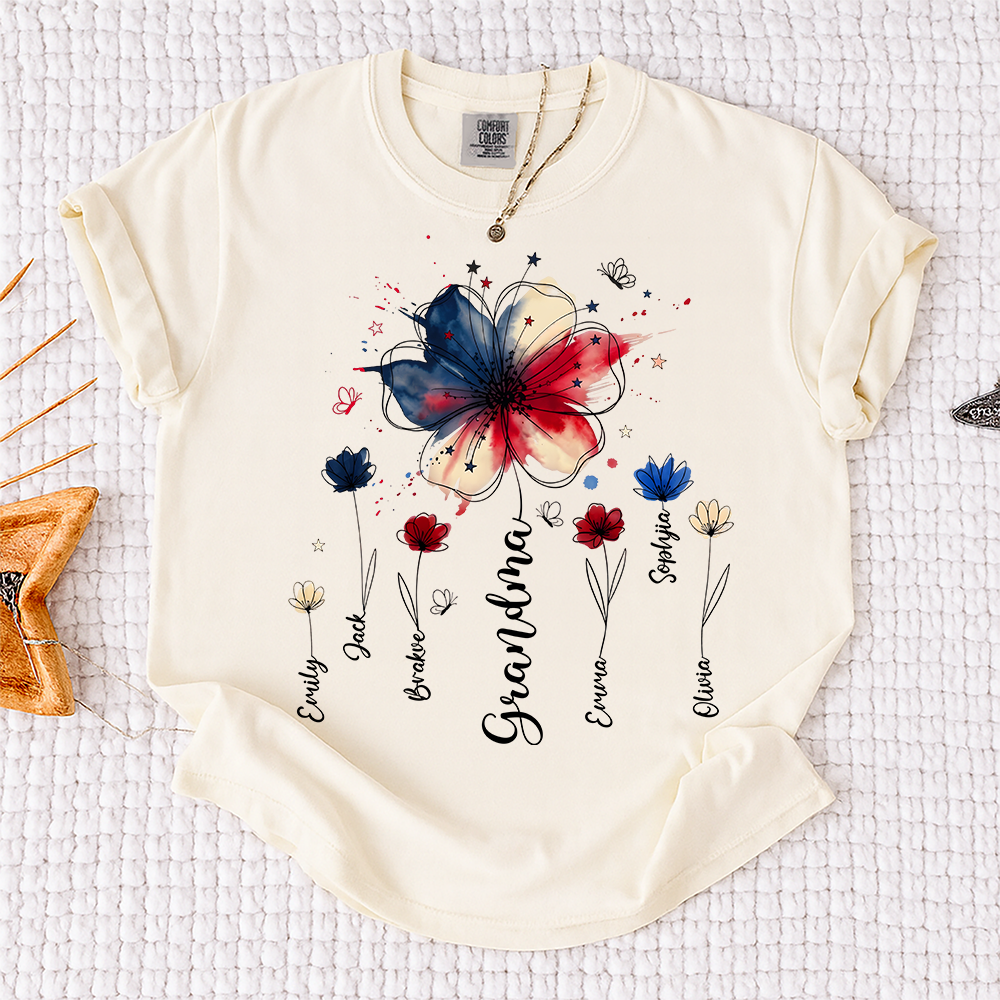 Personalized Grandma Wildflower Shirt, Custom Kids Names Floral Tee for Nana Mimi Gigi Grammy, Patriotic Flower Gift for Grandma Birthday Mothers Day Shirt