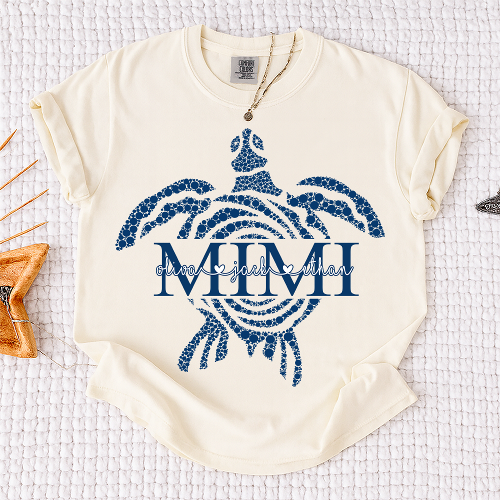 Comfort Colors® Personalized Mimi Mimi Sea Turtle Shirt, Custom Grandkids Names Beach Shirt,Custom Family Names Gift for Grandma