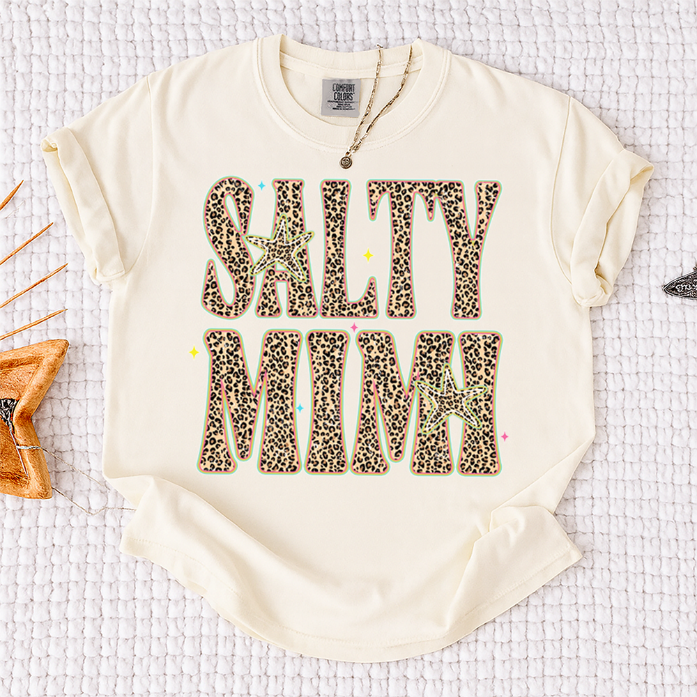 Comfort Colors® Personalized Salty Mimi Leopard Starfish Shirt, Beach Summer Vacation Tee, Funny Coastal Mimi Mom Life Shirt, Gift for Grandma Nana Mimi Women