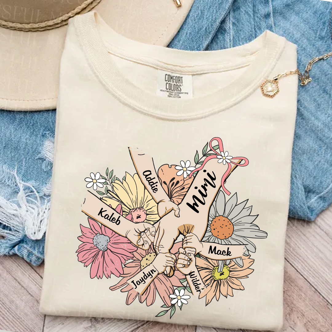 Comfort Colors® Grandma Hands Retro Floral T-Shirt, Custom Grandma With Grandkids Shirt