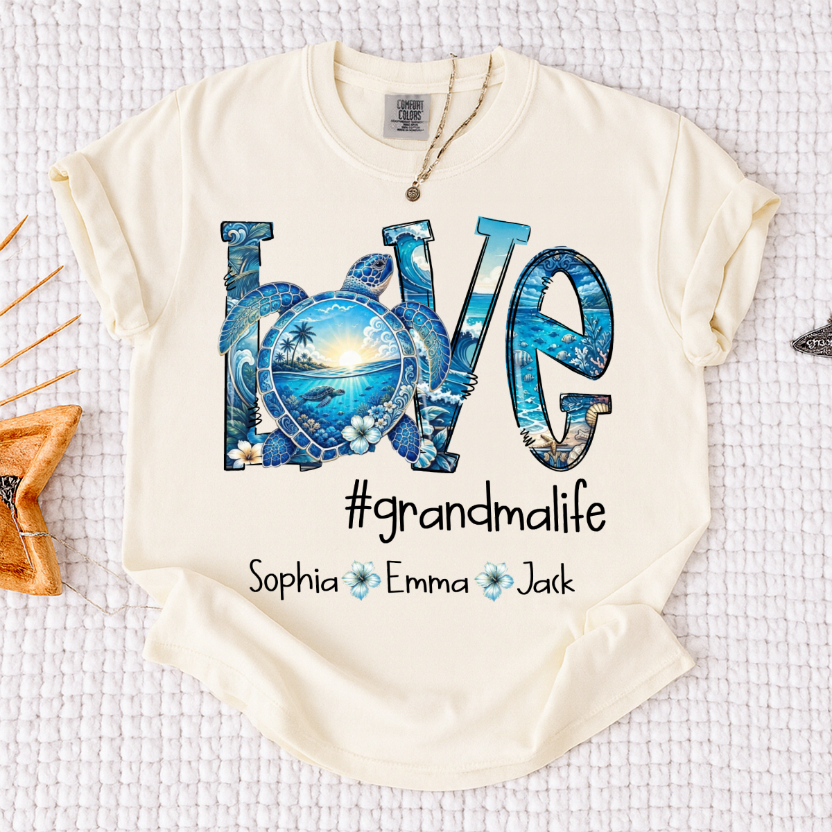 Comfort Colors® Personalized Love grandmalife Sea Turtle Shirt, Custom Family Names Gift for Grandma Shirt, Gift for Mimi Nana Gigi
