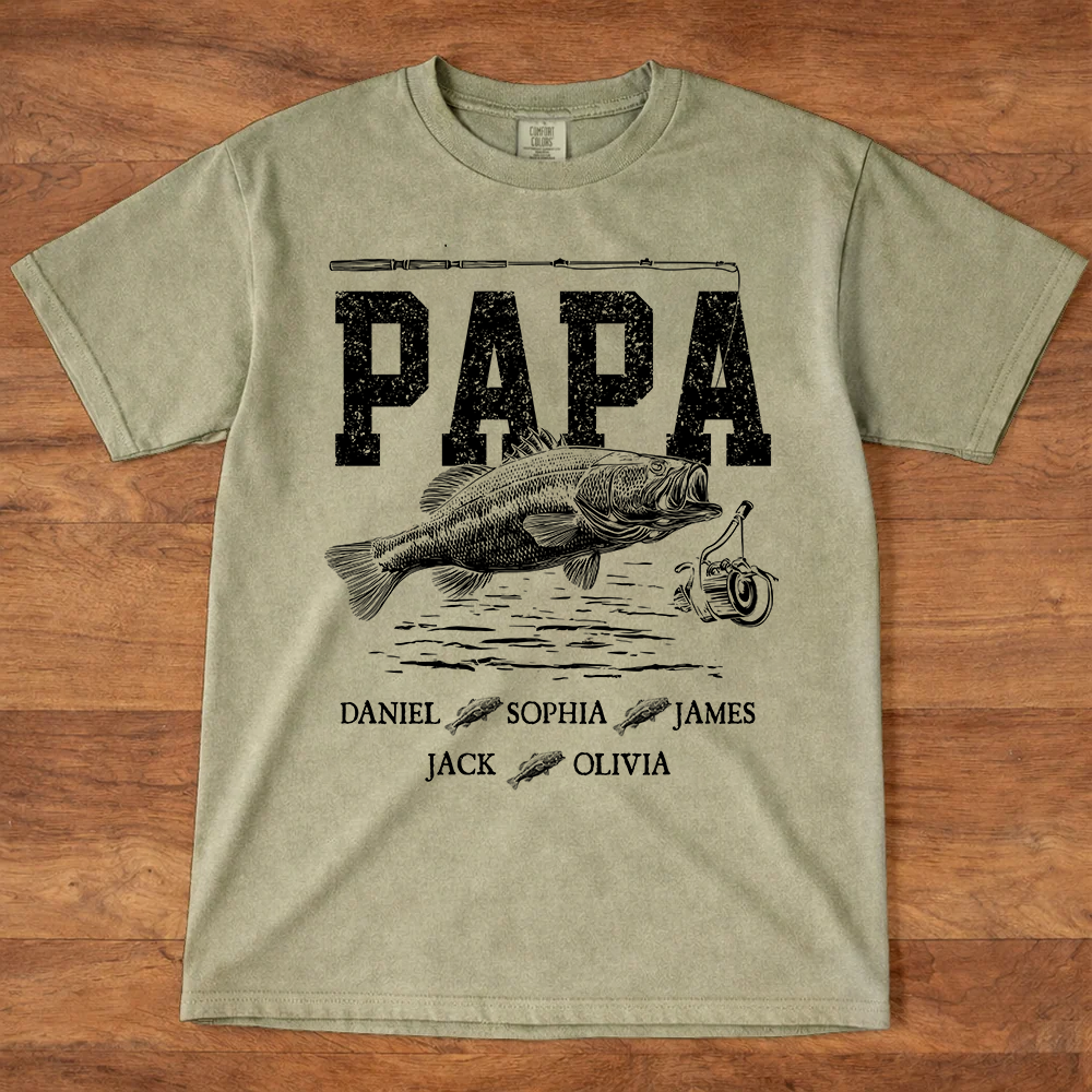 Comfort Colors® Papa Fishing Custom Name, Personalized Dad Papa Grandpa and Grandkids Gift  Father's Day T-shirt