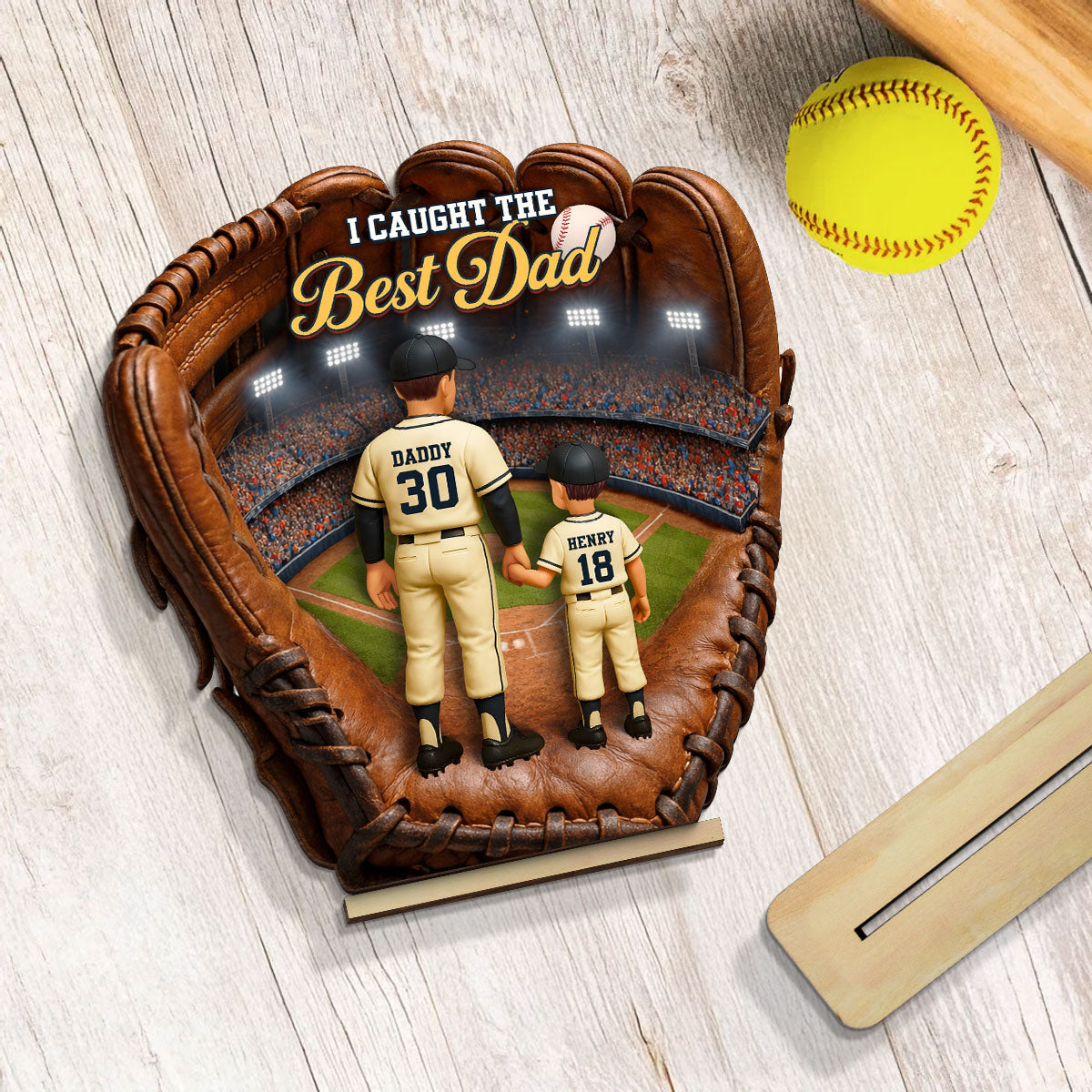 Personalized Baseball Glove Wooden Plaque for Dad – Custom Baseball Dad Gift with Kids Names, Father’s Day Decor 2-Layered Wooden Plaque
