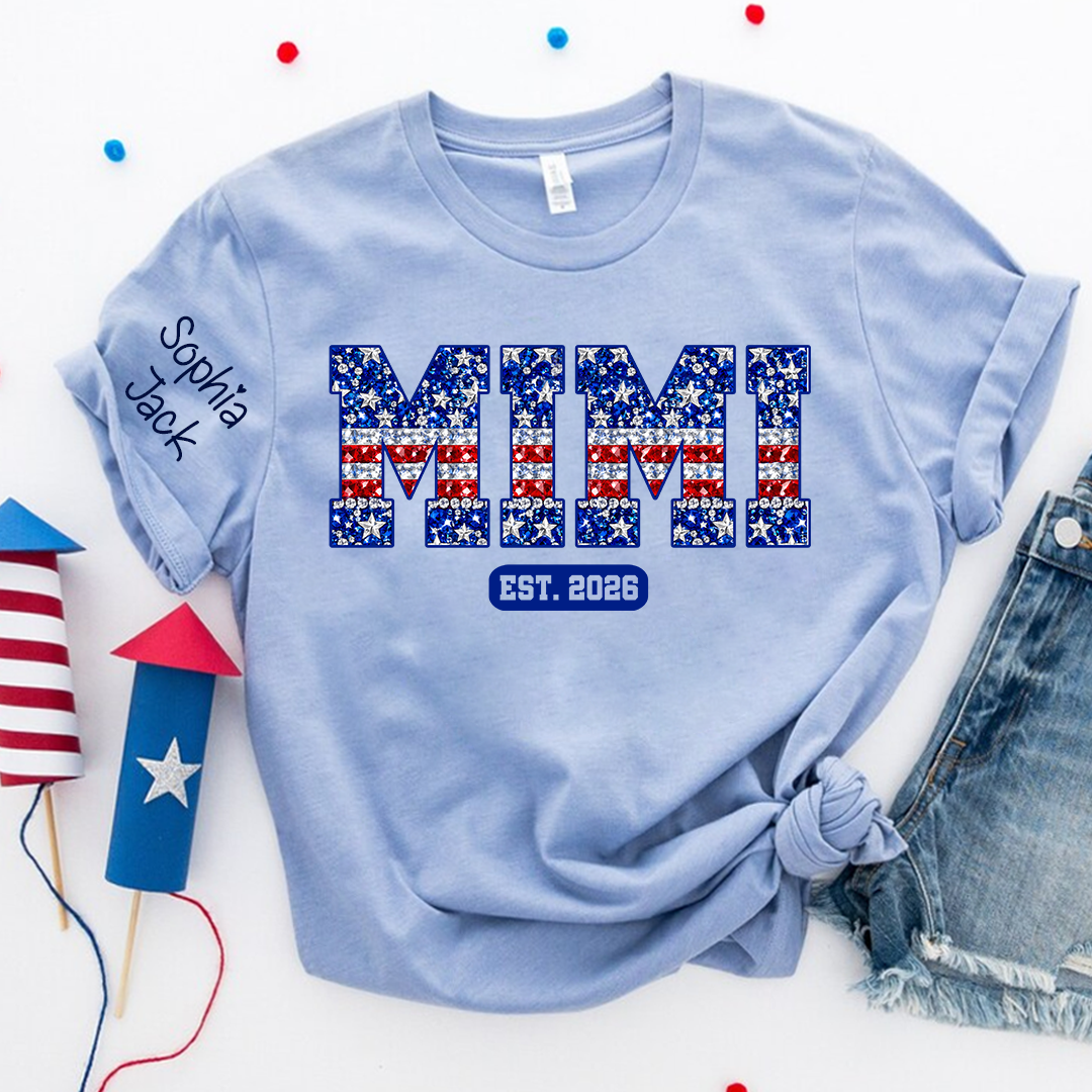 Mimi Faux Rhinestone Patriotic USA Flag Shirt Custom Nickname T-Shirt with Kids Names on Sleeve Est 2026 4th of July Mothers Day Family Matching Tee for Grandma Nana Gigi