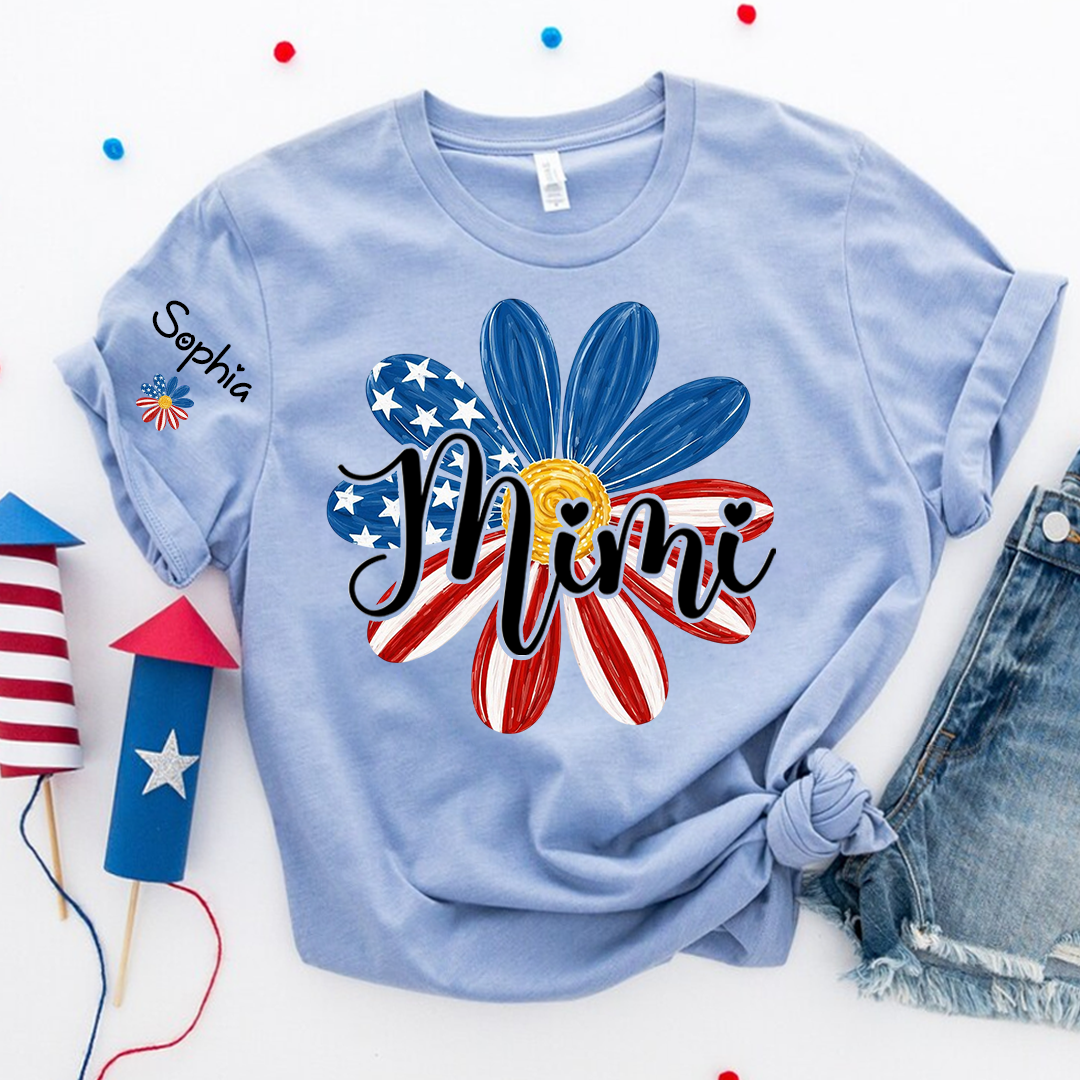 Custom Mimi T Shirt with Kids Names Floral Daisy American Flag Design Personalized Family Gift for Mimi 4th of July
