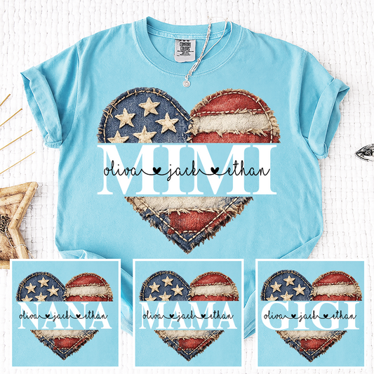 Comfort Colors® Mimi Patchwork American Flag Heart Shirt, Patriotic Vintage USA Design, Personalized 4th of July Grandma T-Shirt with Kids Names