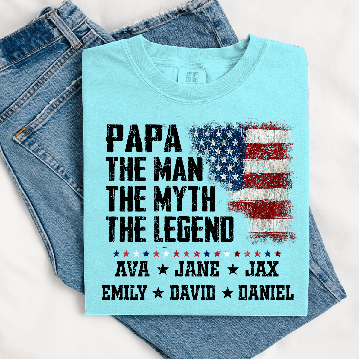 Papa The Man The Myth The Legend Shirt - Custom Comfort Colors Tee with Grandkids Names - Father's Day Gift