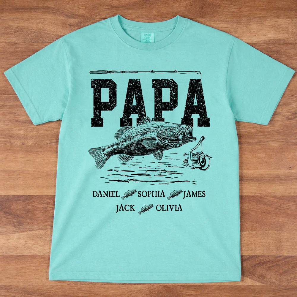 Comfort Colors® Papa Fishing Custom Name, Personalized Dad Papa Grandpa and Grandkids Gift  Father's Day T-shirt