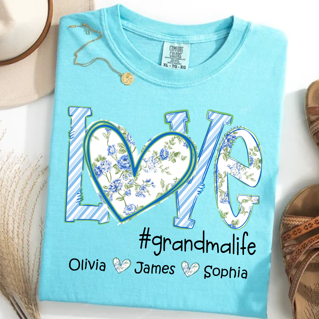 Love grandmalife Personalized Grandma Shirt - Floral Print Comfort Colors Tee - Custom Grandmother Gift with Grandkids' Names
