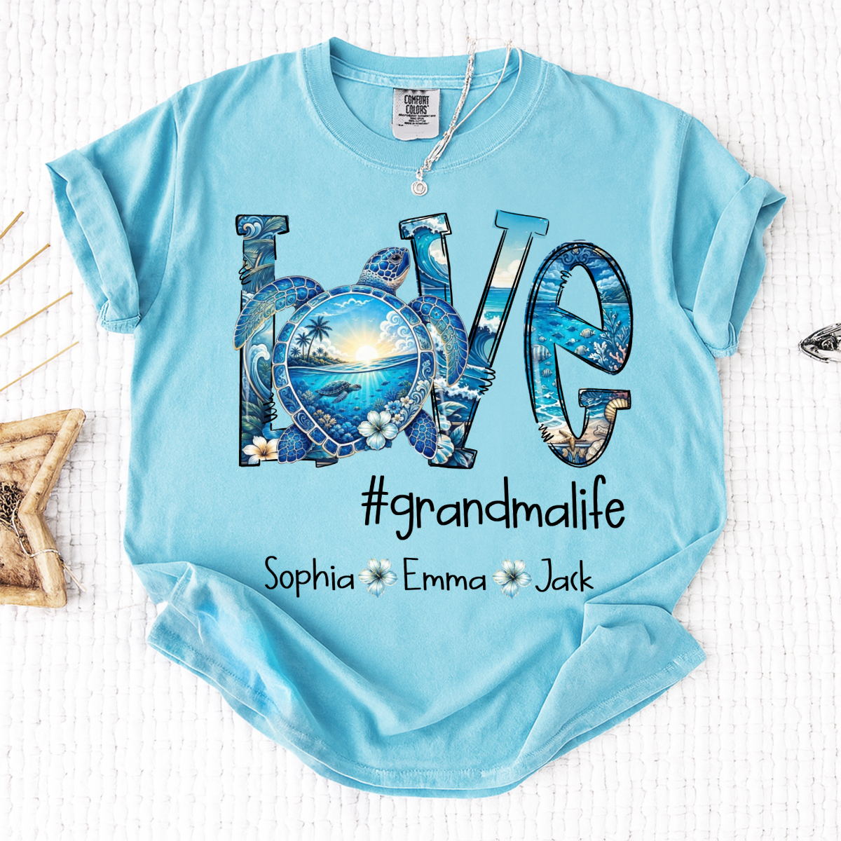 Comfort Colors® Personalized Love grandmalife Sea Turtle Shirt, Custom Family Names Gift for Grandma Shirt, Gift for Mimi Nana Gigi
