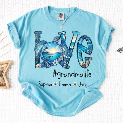 Comfort Colors® Personalized Love grandmalife Sea Turtle Shirt, Custom Family Names Gift for Grandma Shirt, Gift for Mimi Nana Gigi