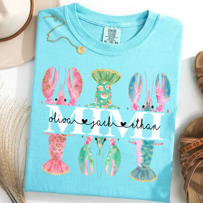 Comfort Colors Custom Mimi Lobster Shirt with Grandkids Names, Personalized Grandma Beach Summer T-Shirt Gift for Grandma