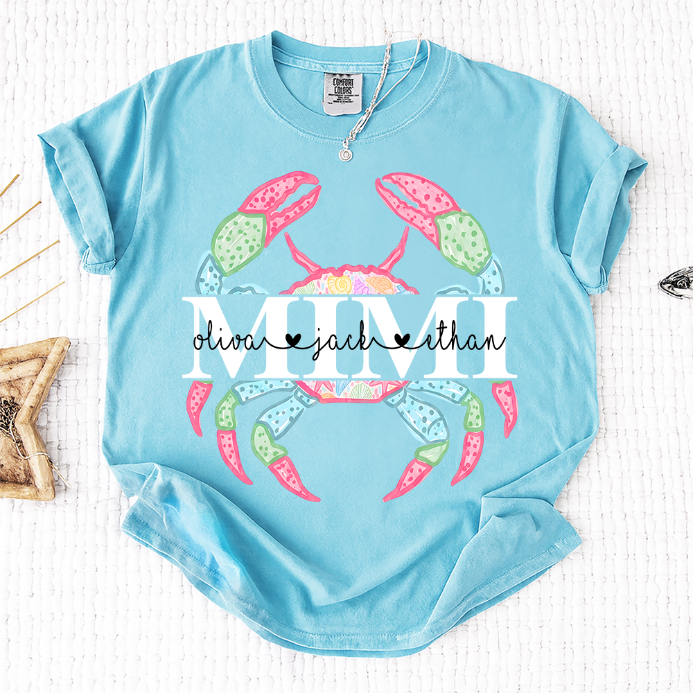 Comfort Colors Personalized Mimi Crab Shirt, Custom Grandkids Names Beach Shirt, Coastal Grandma Summer Shirt, Ocean Lover Gift for Grandma
