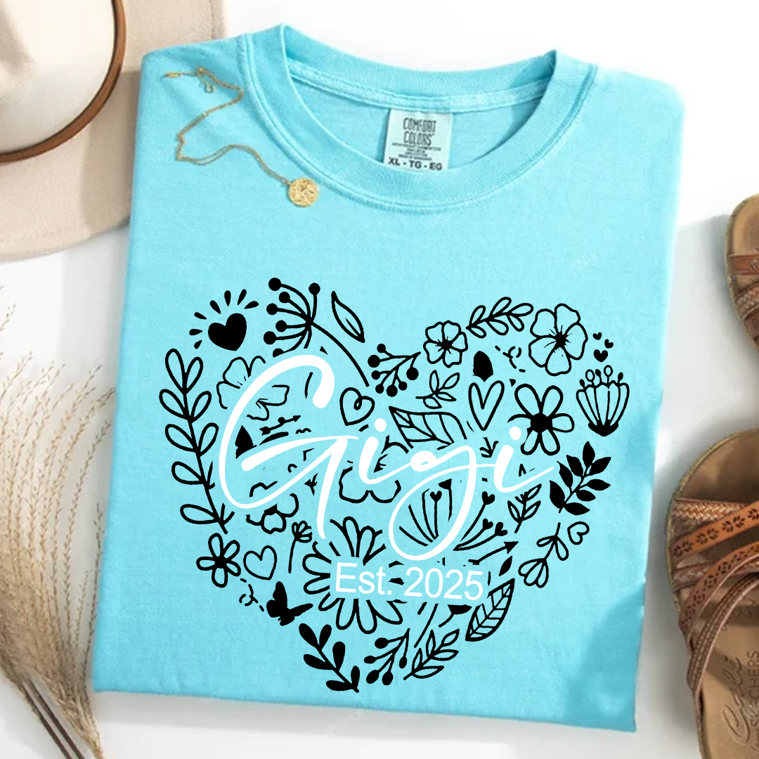 Comfort Colors® Gigi Est Flower Heart T-Shirt, Custom Grandma With Grandkids Shirt