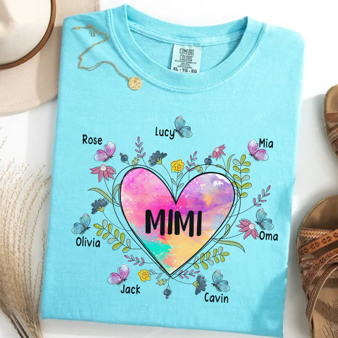 Comfort Colors® Personalize Mimi Flower Heart Shirt, Custom Grandma And Grandkids Shirt, Gifts For Grandma Shirt