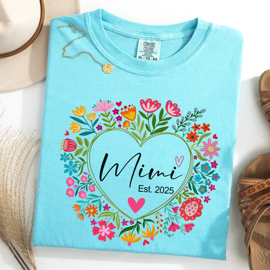 Comfort Colors® Mimi Heart Flower Est T-Shirt, Custom Grandma With Grandkids Shirt