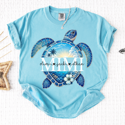 Comfort Colors® Personalized Mimi Sea Turtle Shirt, Custom Grandkids Names Beach Tee, Coastal Ocean Summer Gift for Grandma