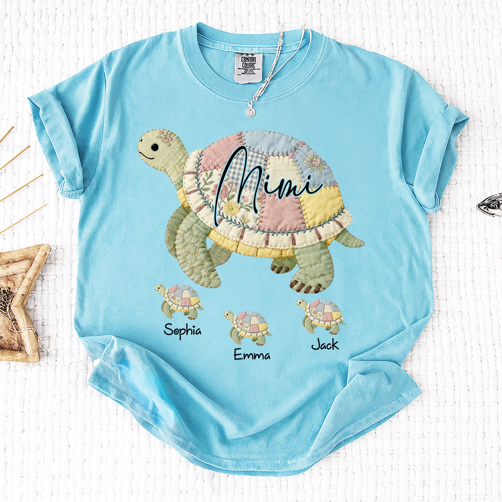 Comfort Colors® Personalized Mimi Patchwork Turtle, Custom Grandkids Names Shirt, Grandma Turtle Family Shirt, Birthday Gift for Mimi Nana Gigi, Mothers Day Shirt