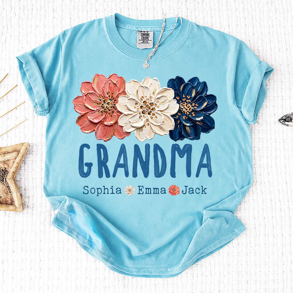 Comfort Colors® Patriotic Floral Grandma T-Shirt, Personalized Nana Mimi Mama Shirt with Kids Names, 4th of July Independence Day Gift
