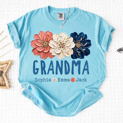 Comfort Colors® Patriotic Floral Grandma T-Shirt, Personalized Nana Mimi Mama Shirt with Kids Names, 4th of July Independence Day Gift
