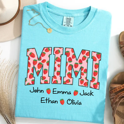 Comfort Colors® Personalized Mimi Strawberry Shirt, Custom Grandma Shirt with Grandkids Names, Cute Strawberry Graphic T-Shirt