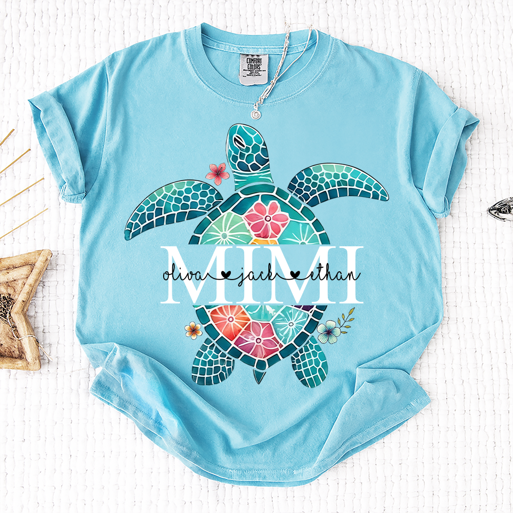Comfort Colors® Personalized Mimi Sea Turtle Shirt, Custom Grandkids Names Beach Shirt, Coastal Summer Vacation Shirt for Grandma, Ocean Lover Gift for Mimi Nana Gigi