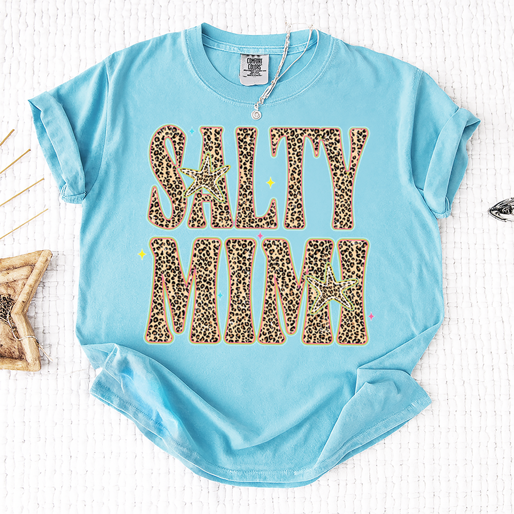 Comfort Colors® Personalized Salty Mimi Leopard Starfish Shirt, Beach Summer Vacation Tee, Funny Coastal Mimi Mom Life Shirt, Gift for Grandma Nana Mimi Women