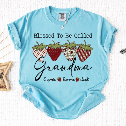 Comfort Colors® Personalized Blessed To Be Called Grandma, Custom Grandkids Names T-Shirt, Strawberry Patchwork Gift T-Shirt
