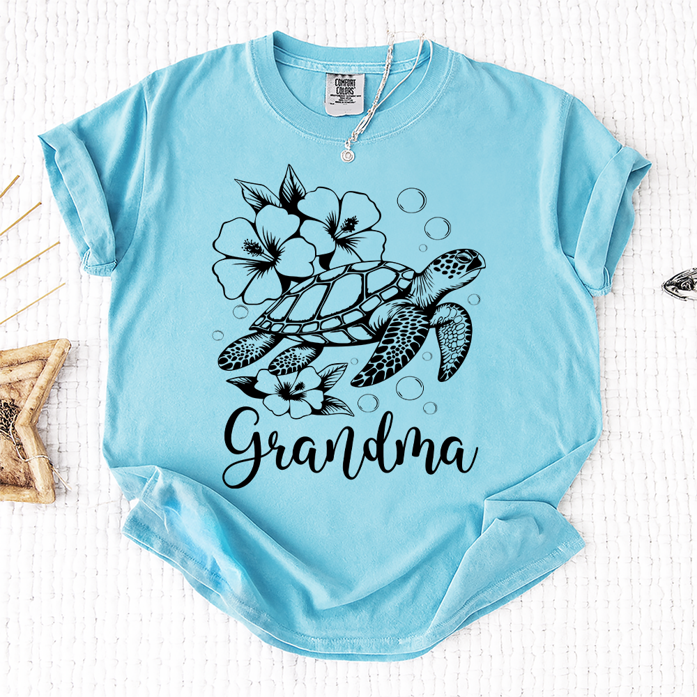 Comfort Colors® Personalized Mimi Hibiscus Sea Turtle Shirt, Cute Sumer , Custom Family Names Gift for Grandma
