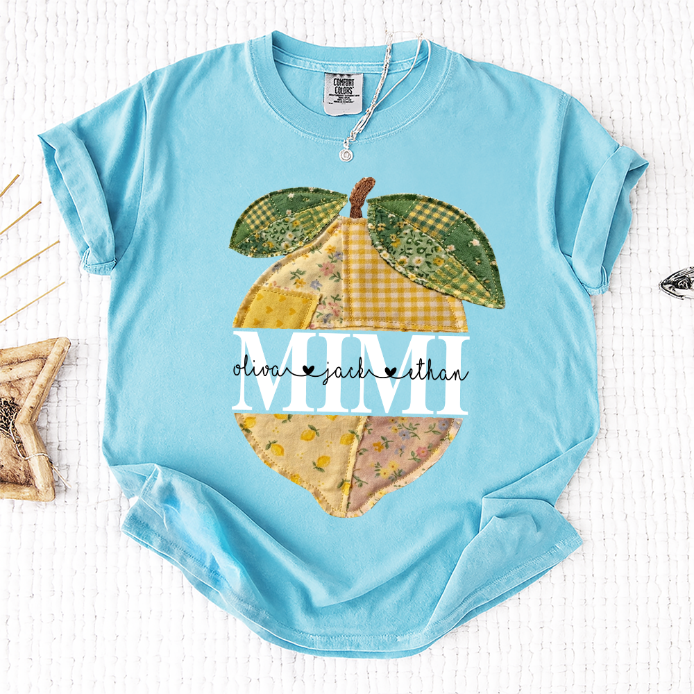 Comfort Colors® Custom Mimi Lemon Shirt, Personalized Grandkids Names Shirt, Patchwork Citrus Summer Shirt, Gift for Grandma Nana Gigi