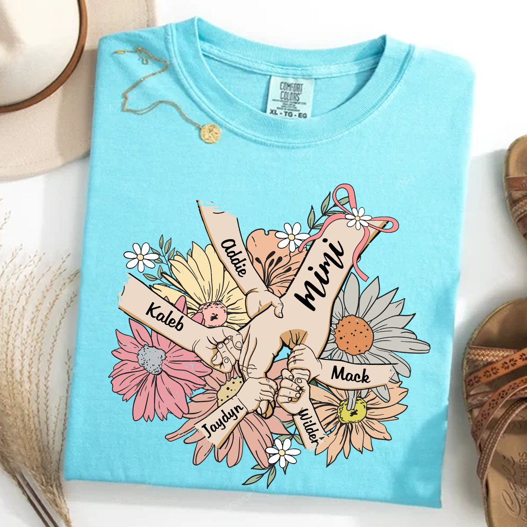 Comfort Colors® Grandma Hands Retro Floral T-Shirt, Custom Grandma With Grandkids Shirt