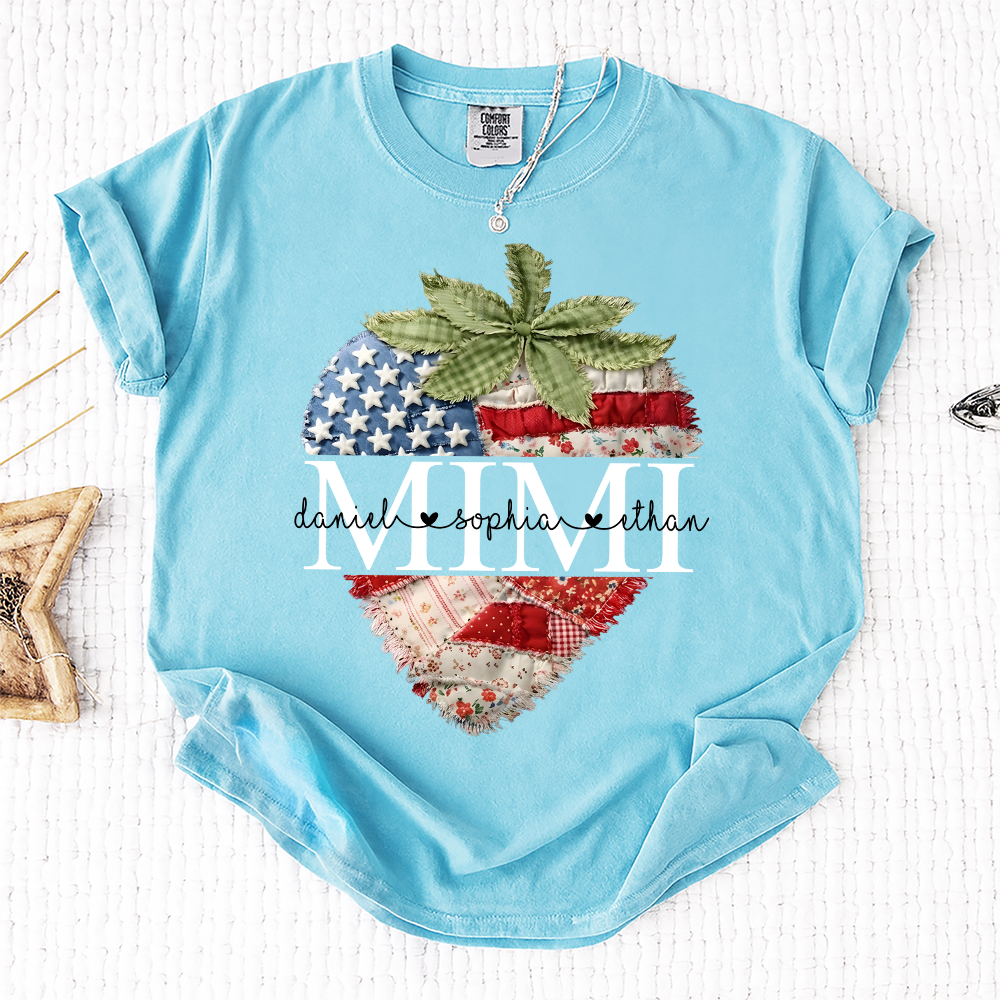 Comfort Colors Mimi Custom Family Tee, Faux Quilted Strawberry 4th of July Grandma T-Shirt, Patriotic American Flag Berry Graphic, Summer Gift for Grandma, Independence Day Shirt