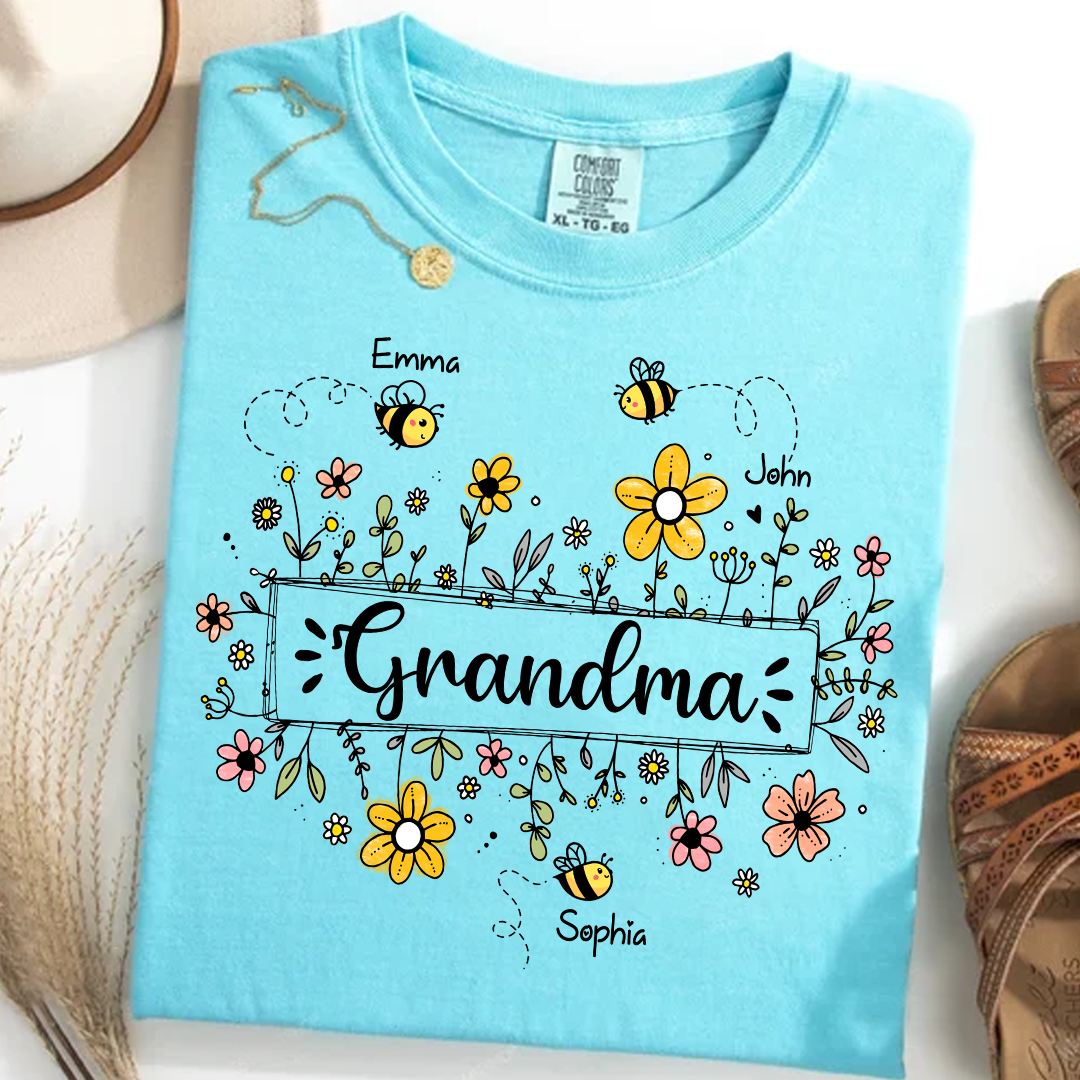 Personalized Grandma Flower Bee And Grandkids Custom Names Mother's Day Comfort Colors® T-Shirt
